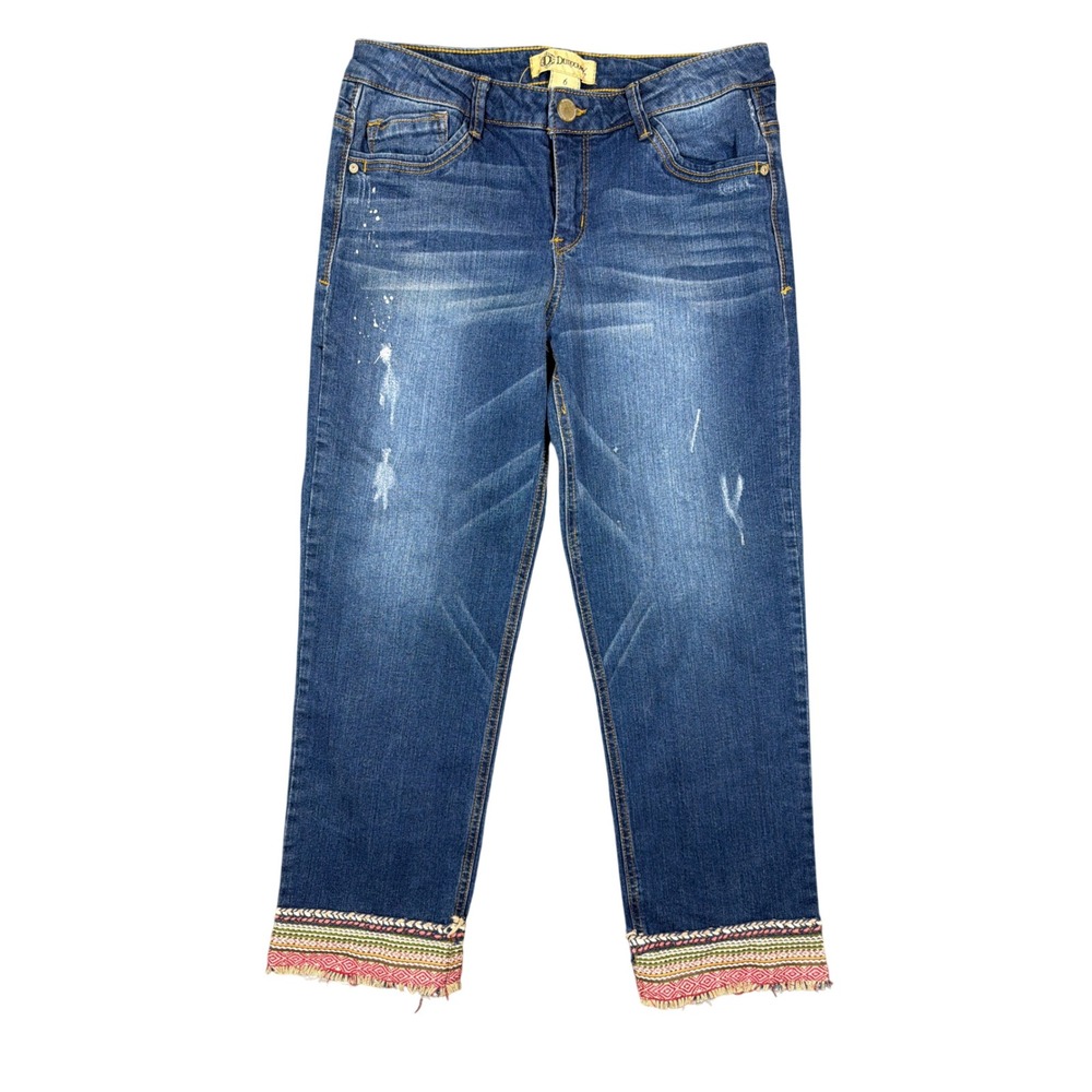 Democracy Jeans Womens 6 Cropped Blue Paint Splatter Embroidered Boho Raw Hem